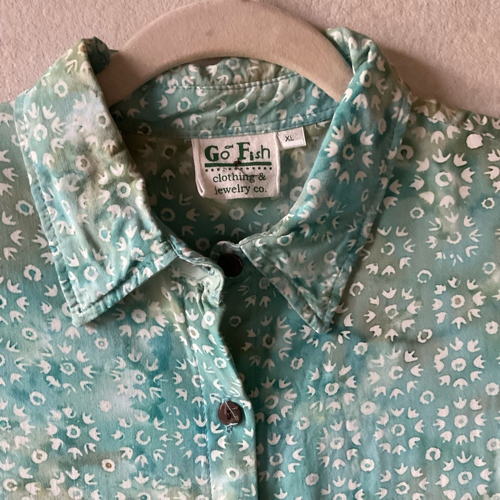 Go Fish Floral Teal Button-Up Dress. Hi-lo hem. Short sleeves. Size XL - Picture 6 of 11